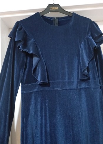 Lacivert Uzun Kollu Kadın Kadife Elbise - Görsel 2