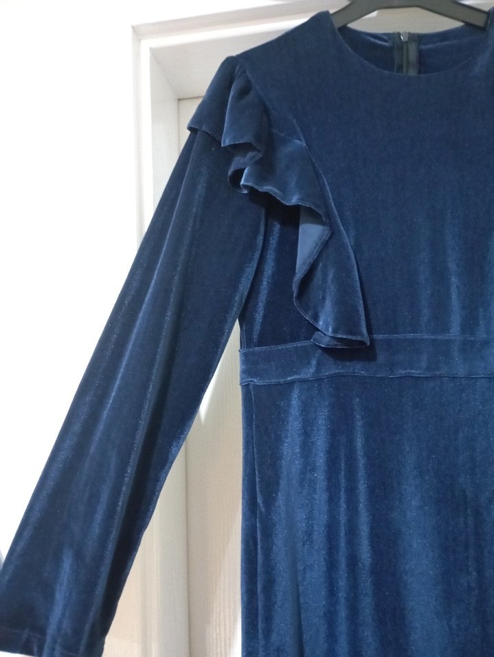 Lacivert Uzun Kollu Kadın Kadife Elbise - Görsel 3