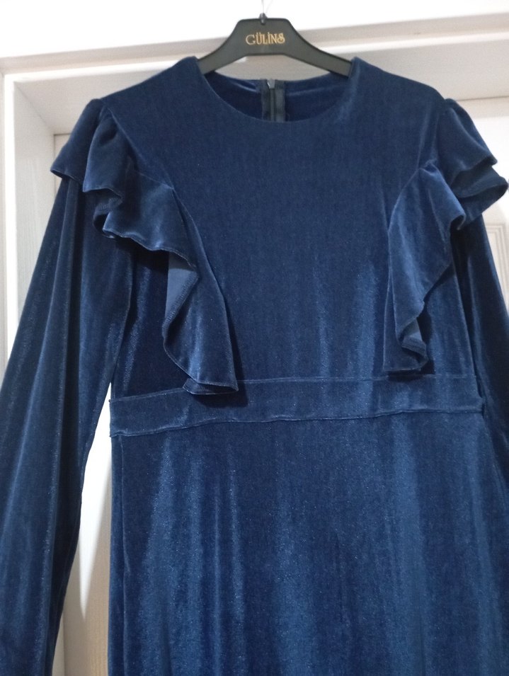 Lacivert Uzun Kollu Kadın Kadife Elbise - Görsel 2