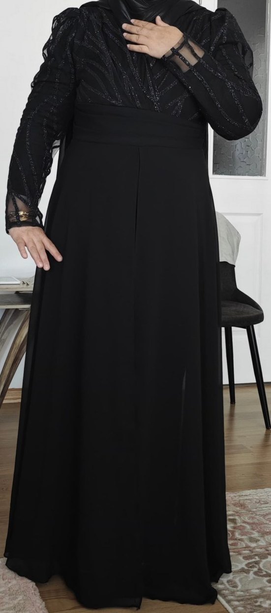 Uzun Siyah Gotik V Yaka Drapeli  tulum Abiye - Görsel 3