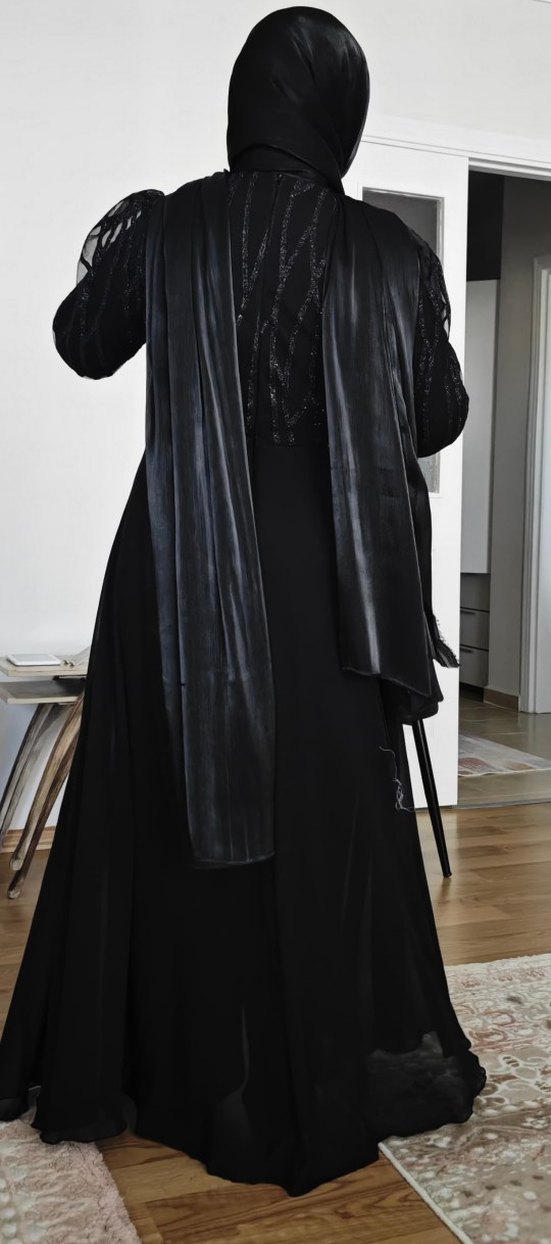 Uzun Siyah Gotik V Yaka Drapeli  tulum Abiye - Görsel 4