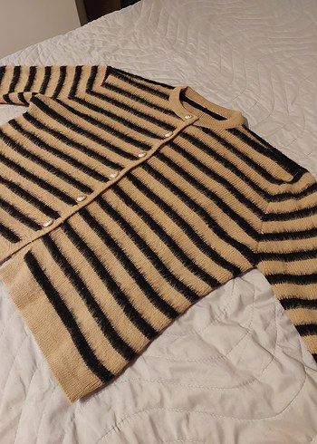 Kadın Kahverengi Çizgili Yün Hırka - Görsel 5