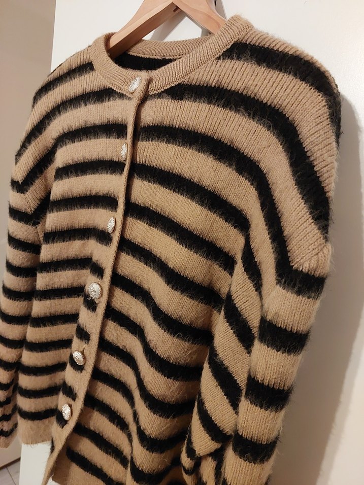 Kadın Kahverengi Çizgili Yün Hırka - Görsel 3