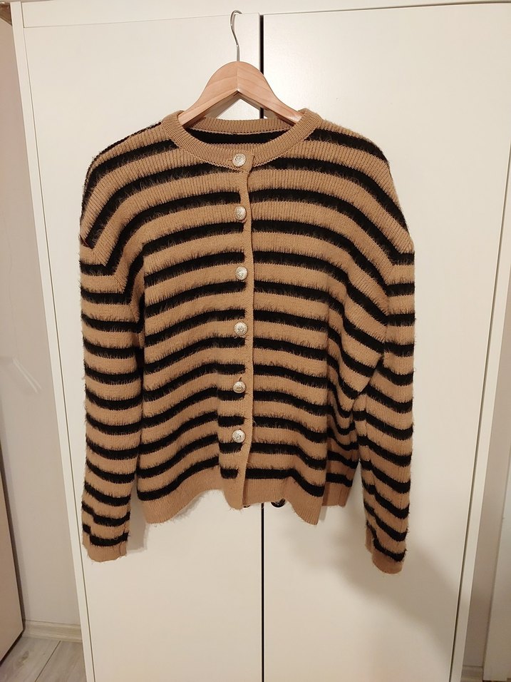 Kadın Kahverengi Çizgili Yün Hırka - Görsel 4