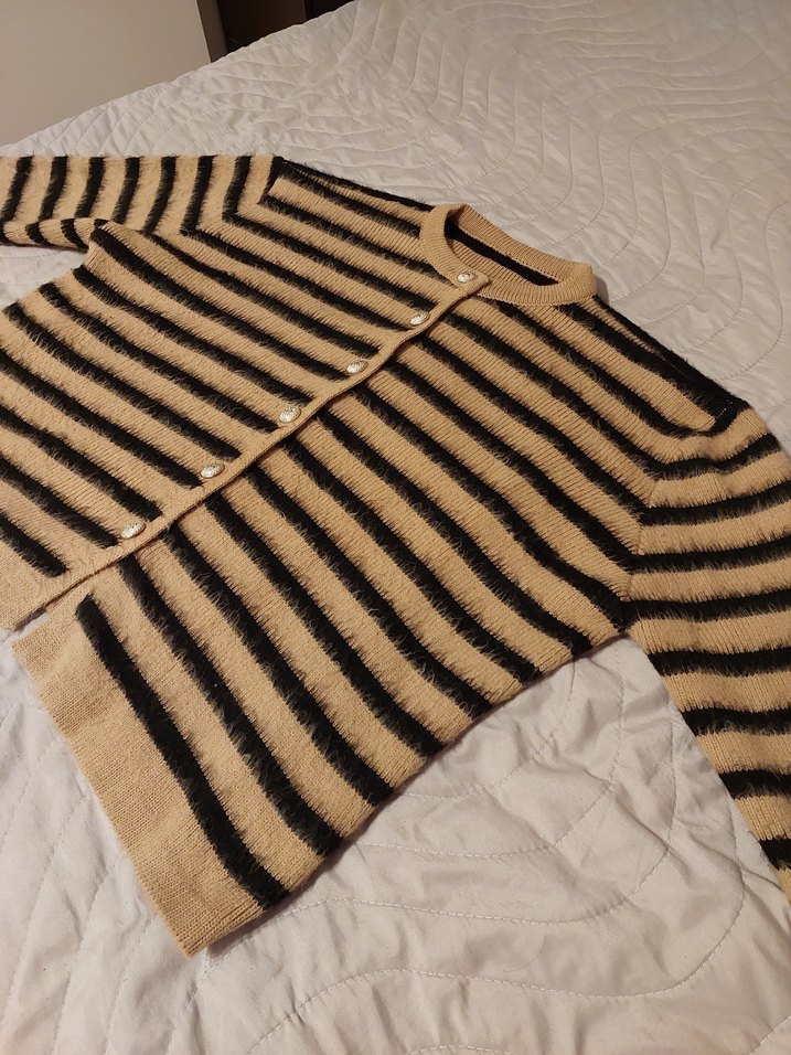 Kadın Kahverengi Çizgili Yün Hırka - Görsel 5