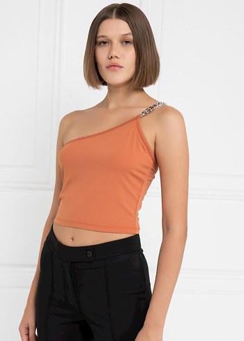 s Beden turuncu Renk Zincir Detaylı Bej Mini Straplez Crop Top