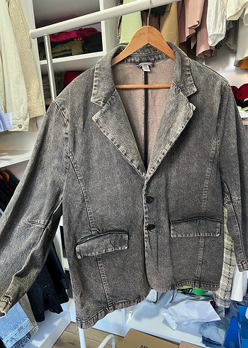 Kadın Gri Denim Ceket Düğmeli Normal Boy - Görsel 2