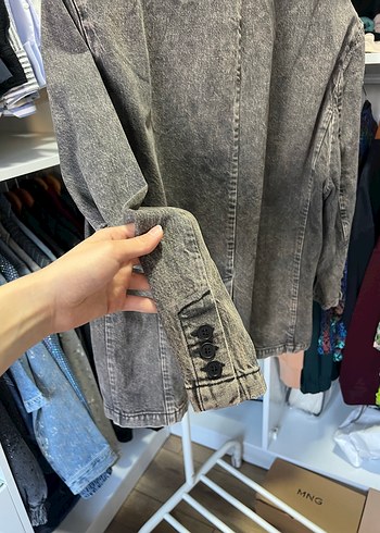 Kadın Gri Denim Ceket Düğmeli Normal Boy - Görsel 4