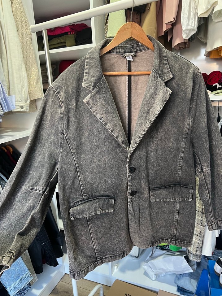 Kadın Gri Denim Ceket Düğmeli Normal Boy - Görsel 2