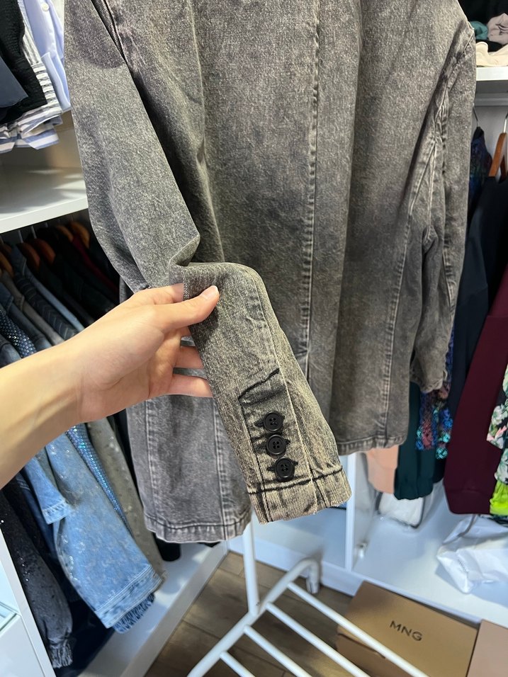 Kadın Gri Denim Ceket Düğmeli Normal Boy - Görsel 4