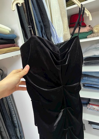 Siyah Drapeli Strappy Midi Abiye Elbise - Görsel 3