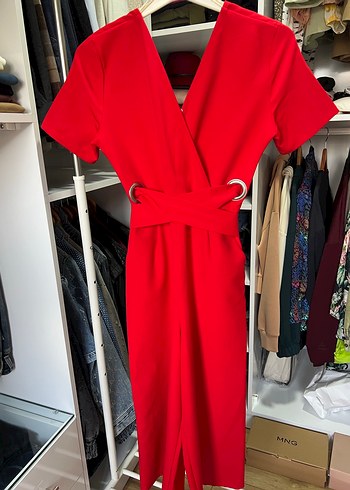 Kırmızı V Yaka Kemerli Midi Tulum - Görsel 2