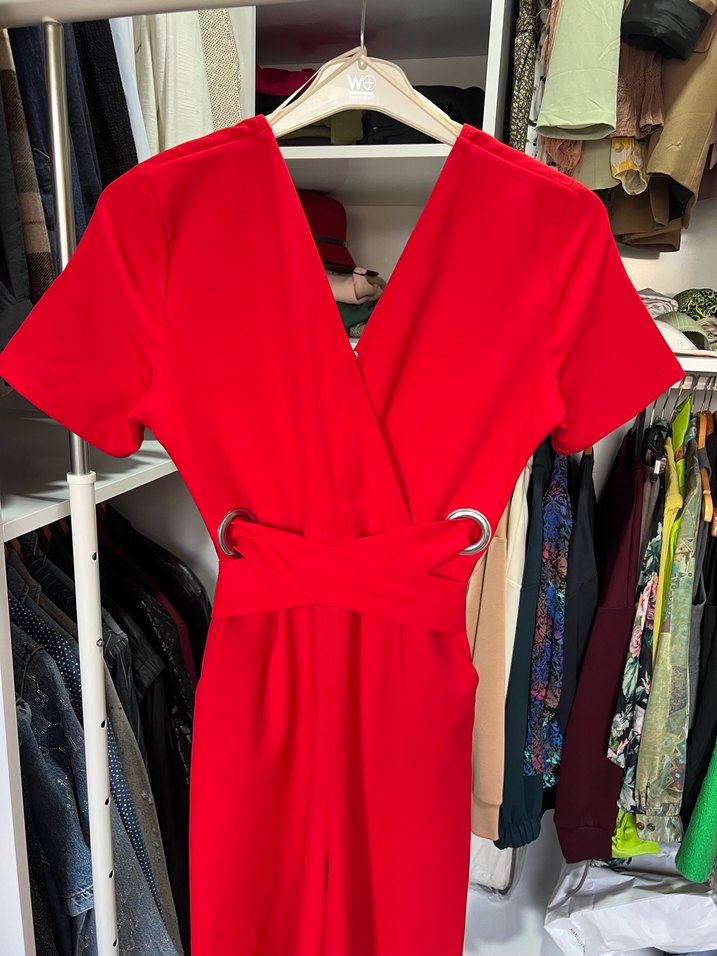 Kırmızı V Yaka Kemerli Midi Tulum - Görsel 3