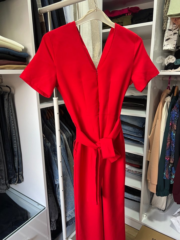 Kırmızı V Yaka Kemerli Midi Tulum - Görsel 5