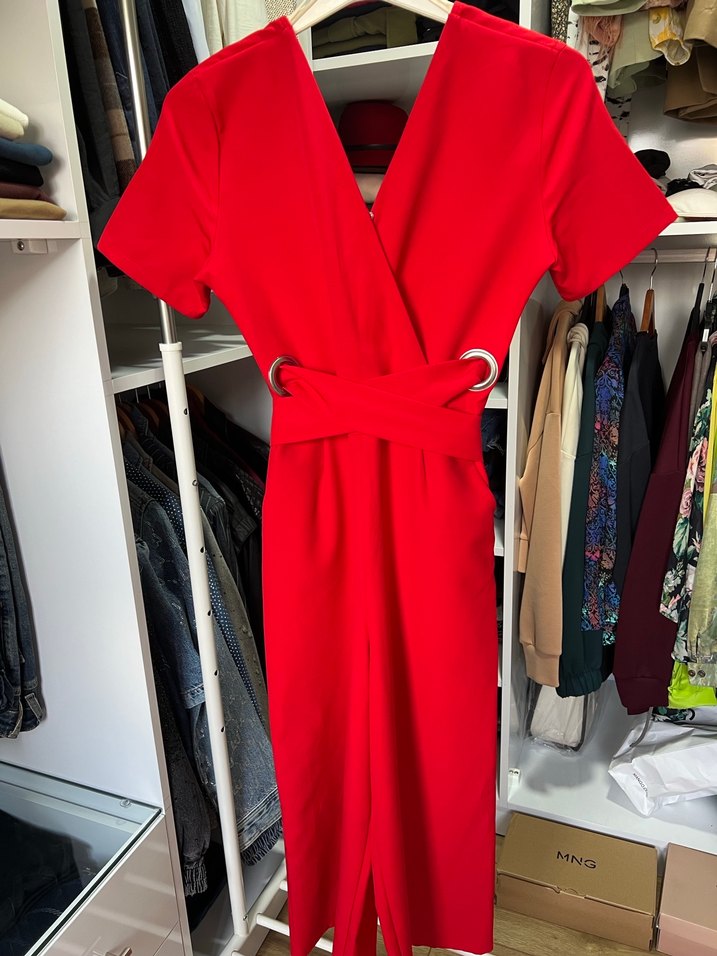 Kırmızı V Yaka Kemerli Midi Tulum - Görsel 2