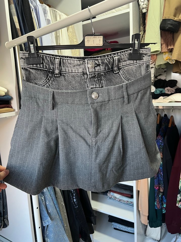 Gri Pilili Mini Kot Etek - Görsel 2