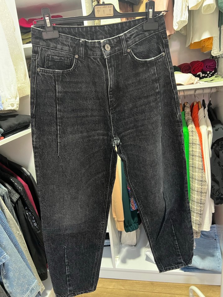 Gri Bol Kesim Midi Kot Pantolon - Görsel 2