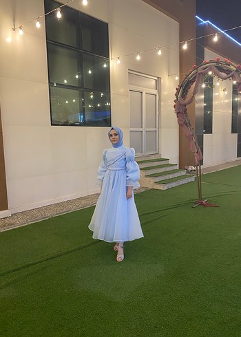 Mavi Uzun Kollu Drapeli Tesettür Abiye - Görsel 3