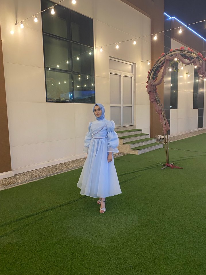 Mavi Uzun Kollu Drapeli Tesettür Abiye - Görsel 3