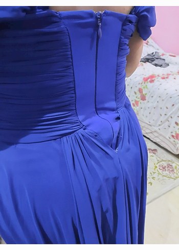 Parlak Mavi Uzun Drapeli Straplez Kadın Elbise - Görsel 3