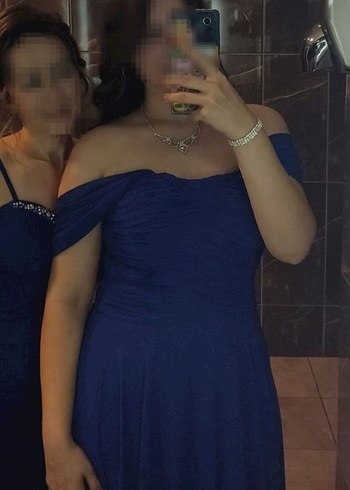 Parlak Mavi Uzun Drapeli Straplez Kadın Elbise - Görsel 6