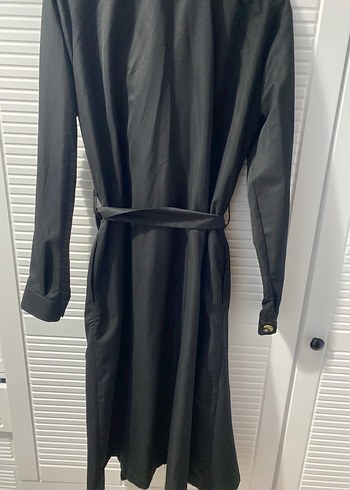 Düğmeli Siyah Uzun Kadın Trençkot - Görsel 3