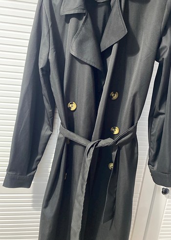 Düğmeli Siyah Uzun Kadın Trençkot - Görsel 2