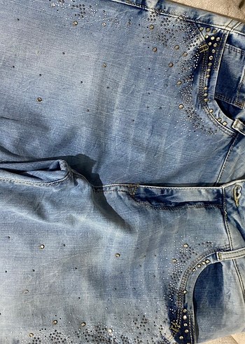 Payet Detaylı Mavi Rahat Kesim Midi Kot Pantolon - Görsel 2