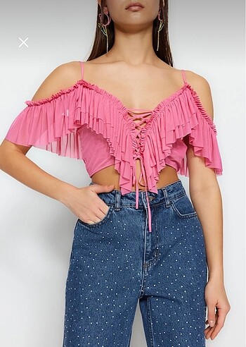 Trendyol Milla Pembe Tüllü Crop Bluz