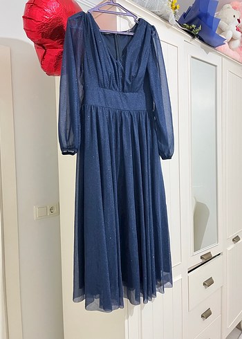 Uzun Kollu Drapeli Mavi Vintage Elbise - Görsel 3