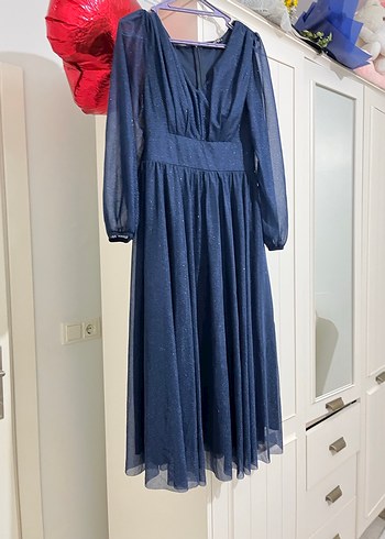 Uzun Kollu Drapeli Mavi Vintage Elbise - Görsel 2