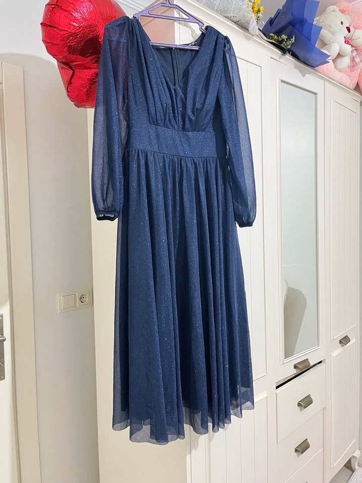 Uzun Kollu Drapeli Mavi Vintage Elbise - Görsel 3