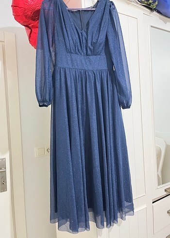 Uzun Kollu Drapeli Koyu Mavi Abiye Elbise - Görsel 2