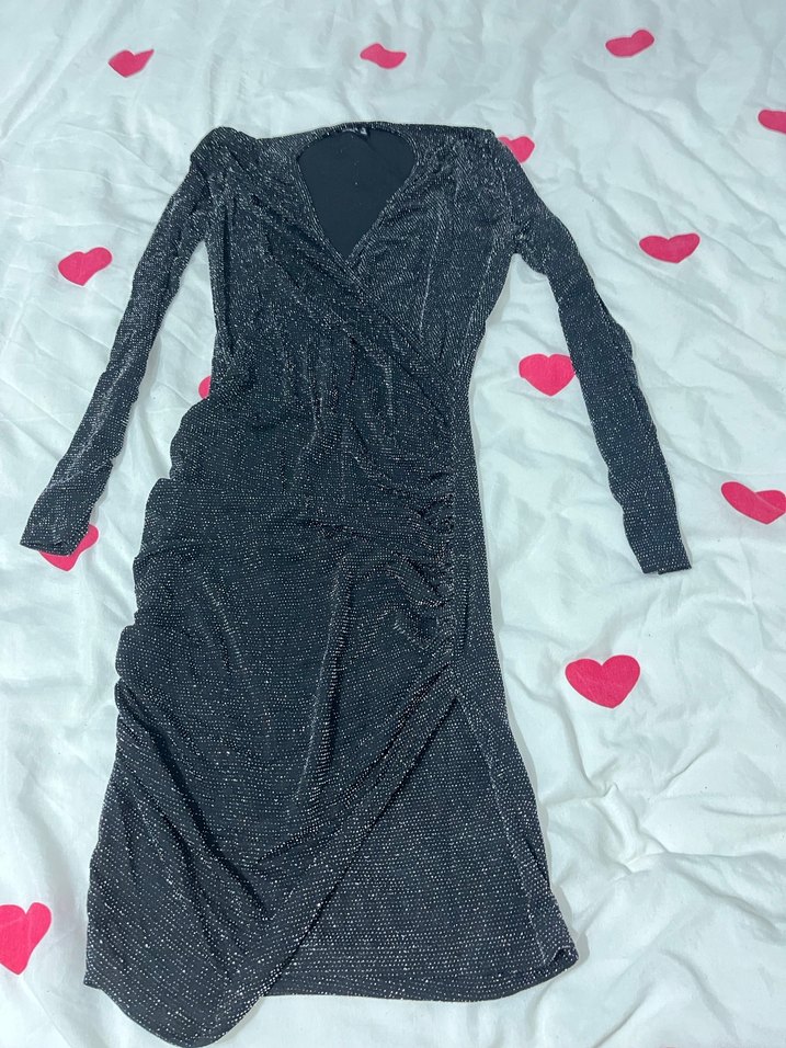 Uzun Kollu Drapeli Koyu Mavi Kadın Abiye Elbise - Görsel 2