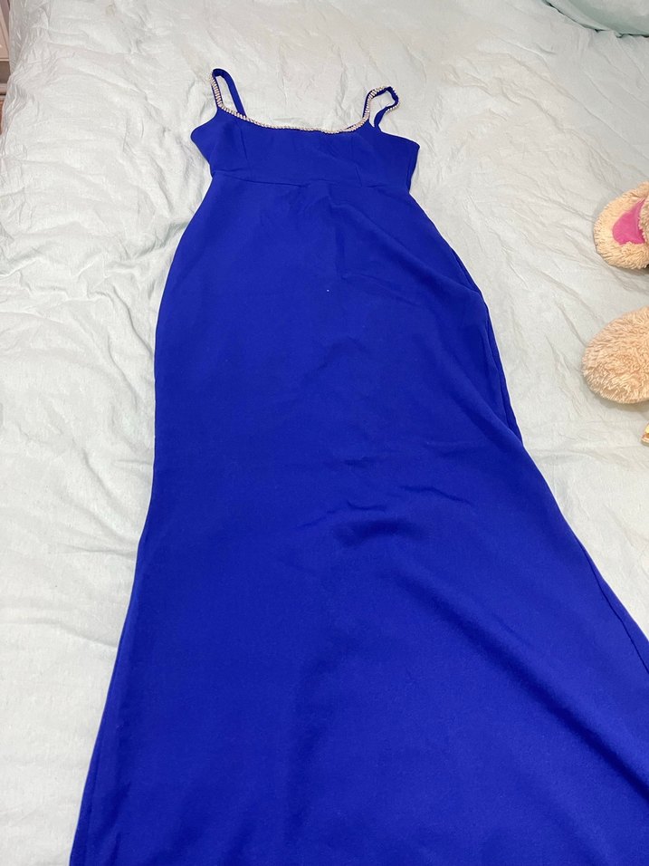 Zincir Detaylı Mavi Midi Elbise - Görsel 3