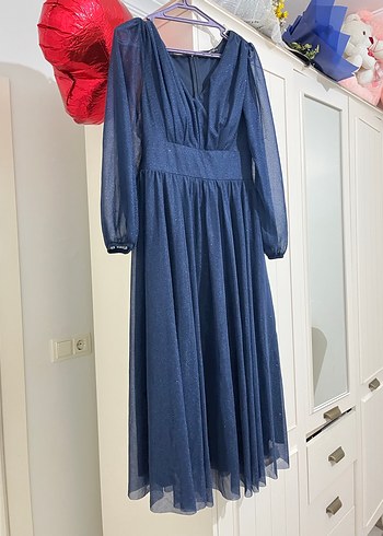 Mavi Uzun Kollu V Yaka Kadın Abiye Elbise - Görsel 2