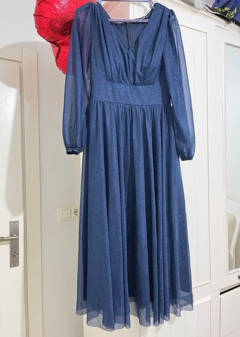 Mavi Uzun Kollu V Yaka Kadın Abiye Elbise - Görsel 3