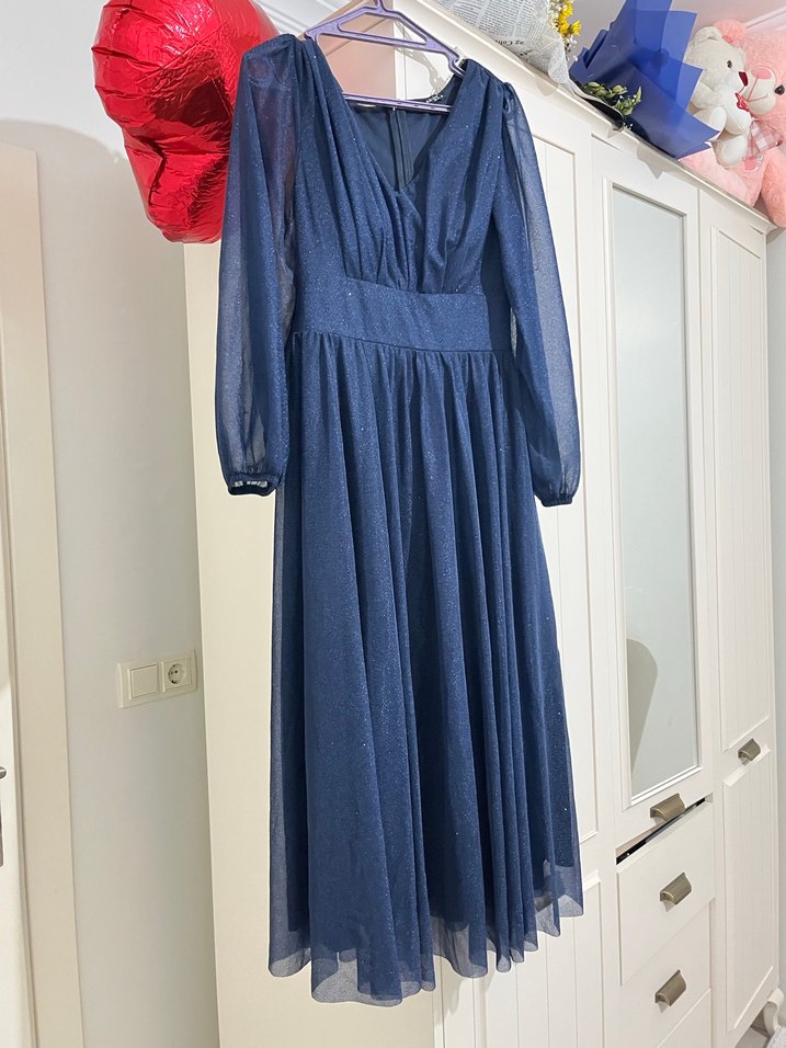 Mavi Uzun Kollu V Yaka Kadın Abiye Elbise - Görsel 2