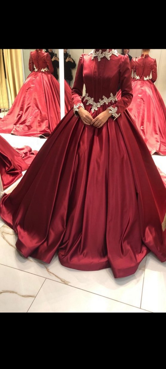 Bordo, Uzun Kollu, İşlemeli Kadın Abiye - Görsel 2