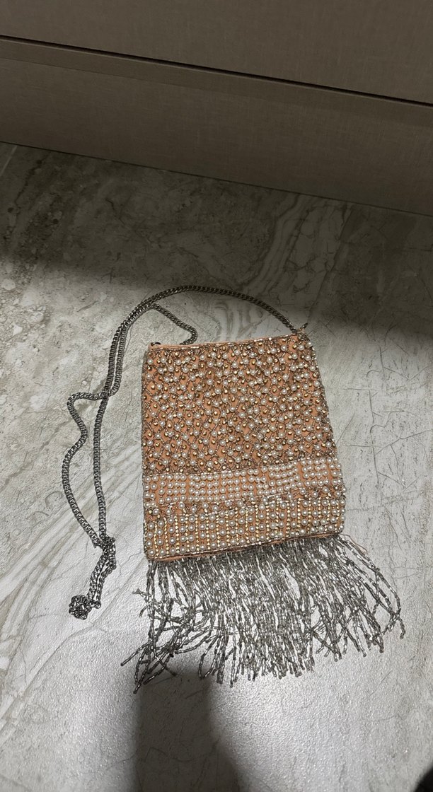 Boncuk İşlemeli Bej Örgü Bohem Çanta - Görsel 2