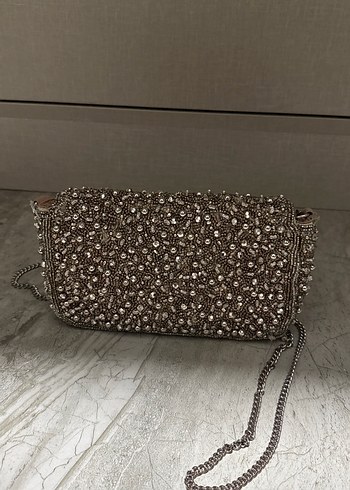 Boncuk İşlemeli Gri Triko Kadın Portföy Çanta - Görsel 2