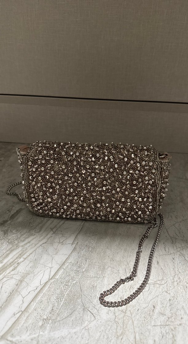 Boncuk İşlemeli Gri Triko Kadın Portföy Çanta - Görsel 2