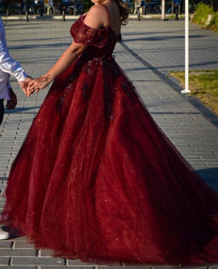 Bordo İşlemeli Drapeli Uzun Abiye Elbise - Görsel 2