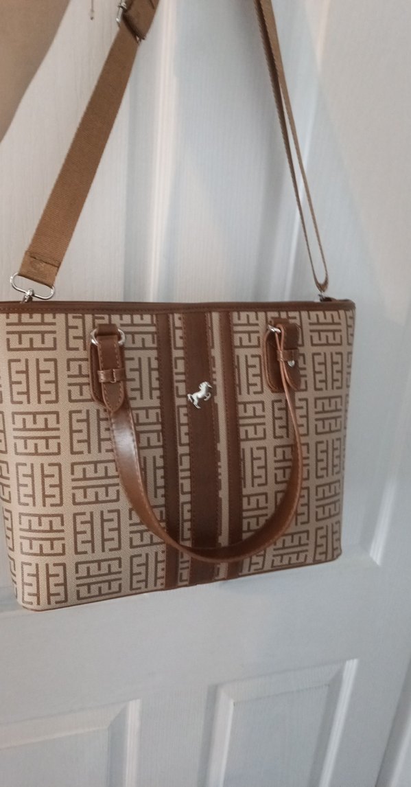 Bej Deri Kadın Çanta, Fermuarlı, Baskılı - Görsel 2