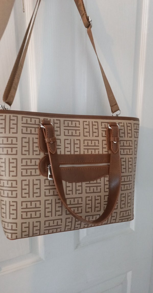 Bej Deri Kadın Çanta, Fermuarlı, Baskılı - Görsel 3