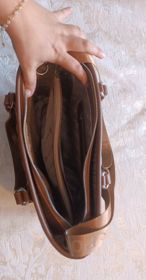 Bej Deri Kadın Çanta, Fermuarlı, Baskılı - Görsel 4