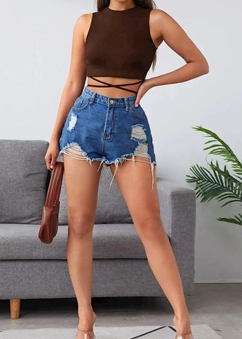 m Beden kahverengi Renk Kahverengi Yüksek Yakalı Bağlamalı Crop Top