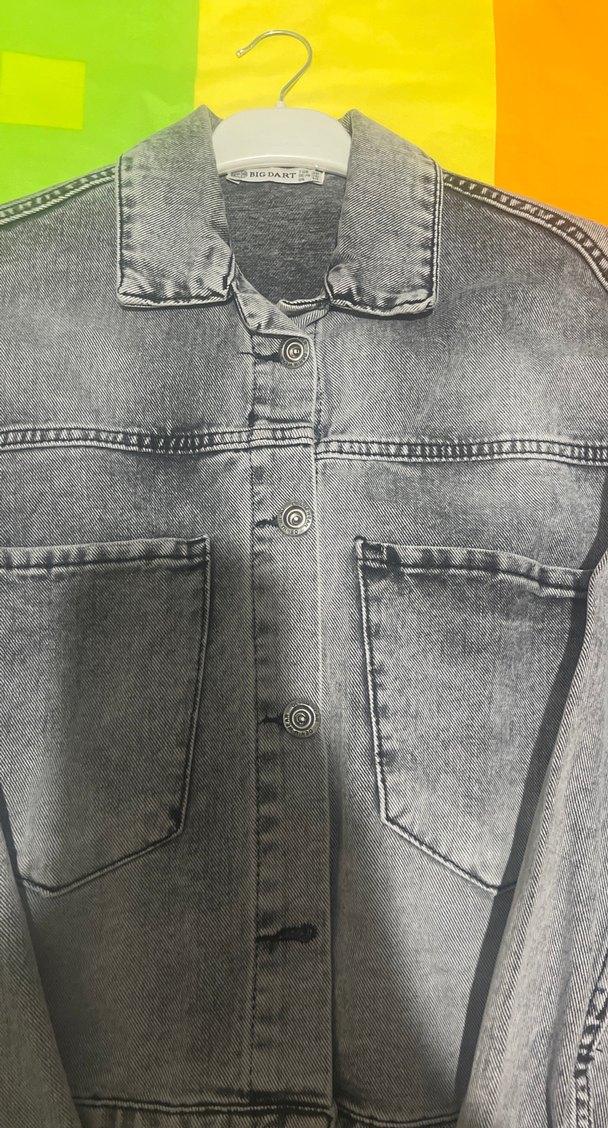 Gri Batik Desenli Kadın Denim Ceket - Görsel 2