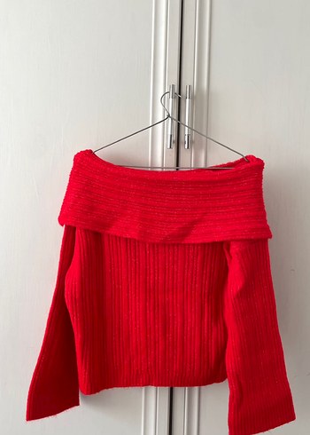 Kadın Kırmızı Kayık Yaka Örgü Mini Kazak - Görsel 2