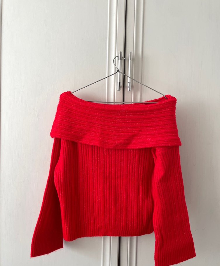 Kadın Kırmızı Kayık Yaka Örgü Mini Kazak - Görsel 2